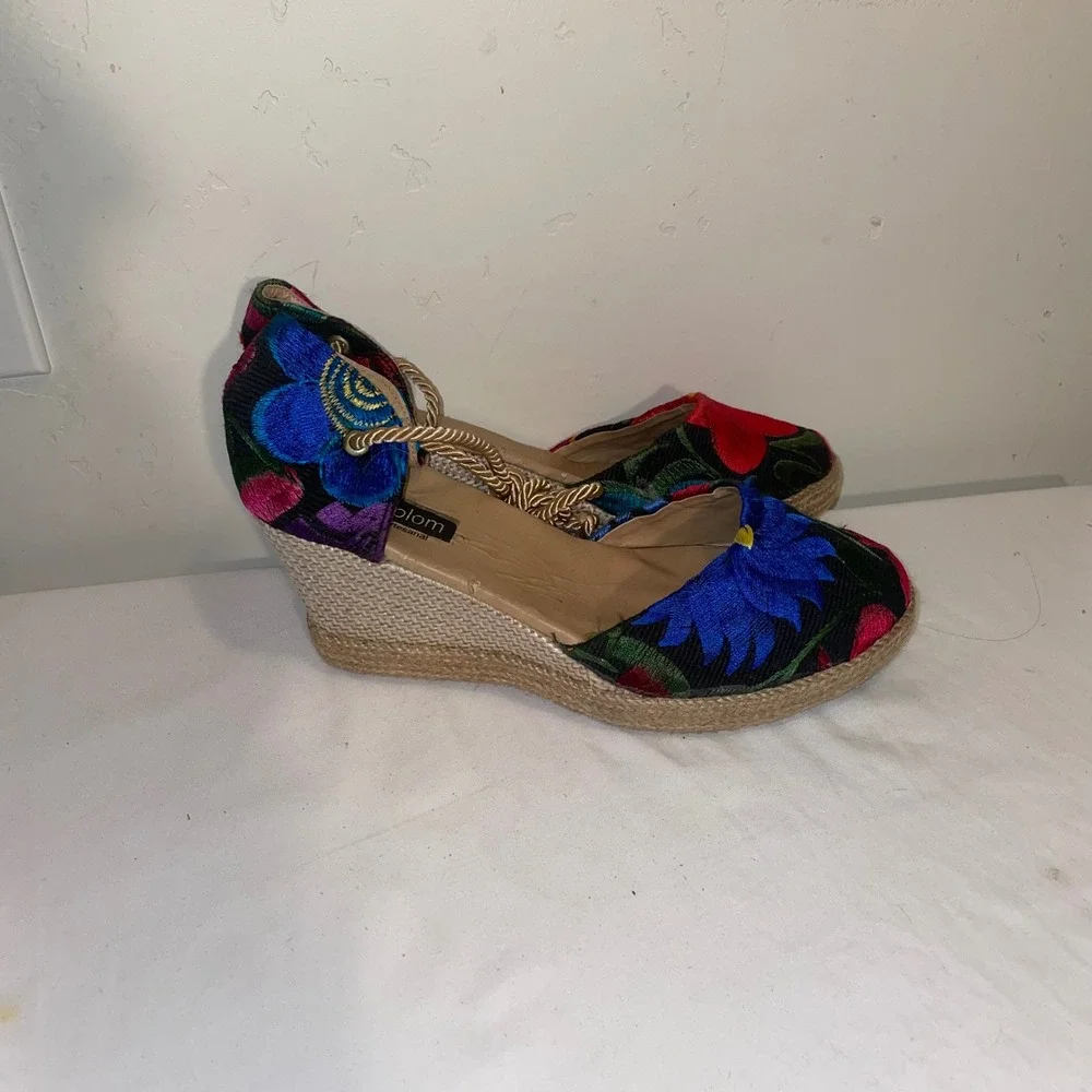 Ikal Bolom Floral Embroidered Espadrille Wedges Rope Lace Up Ankle Tie Multi 7